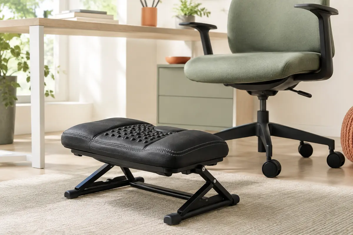 Repose-pieds Mocoli noir rembourré et pliable, placé devant une chaise de bureau dans un espace lumineux.