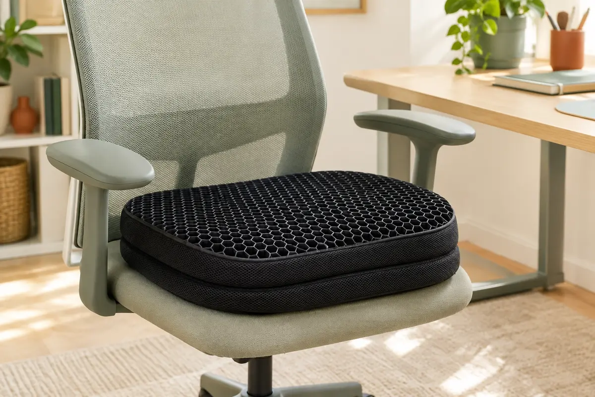 Coussin d’assise noir en gel alvéolé posé sur une chaise de bureau dans un espace lumineux