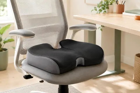 Coussin coccyx noir et gris posé sur une chaise de bureau dans un espace lumineux