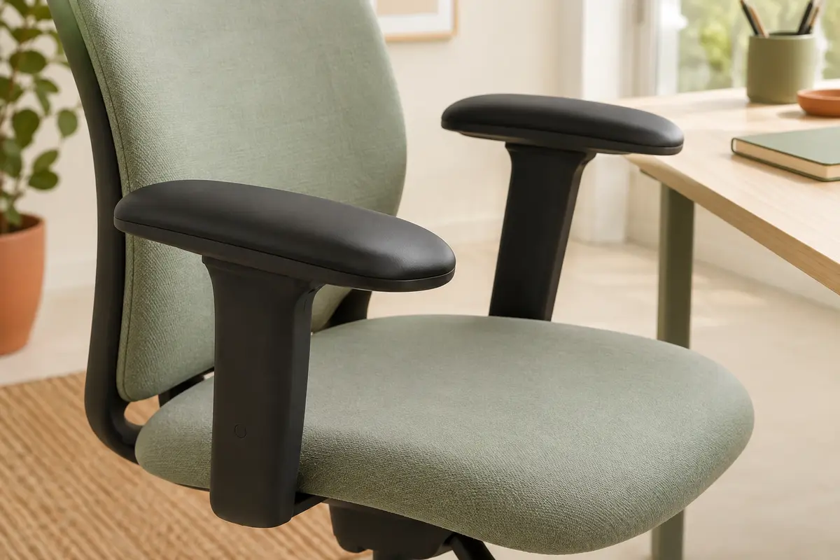 Deux coussinets noirs en polyuréthane souple installés sur les accoudoirs d’une chaise de bureau