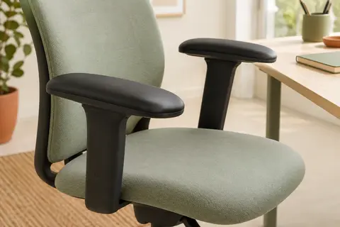 Deux coussinets noirs en polyuréthane souple installés sur les accoudoirs d’une chaise de bureau