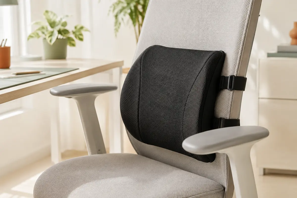 Soutien lombaire noir en maille fixé au dossier d’une chaise de bureau dans un poste de travail lumineux.