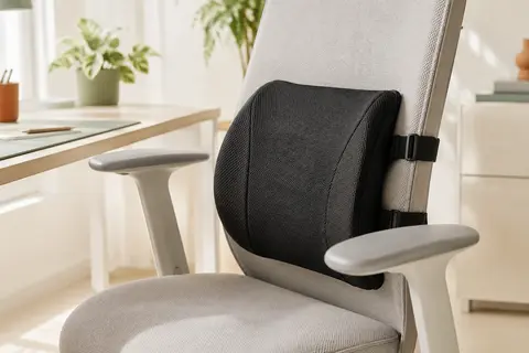 Soutien lombaire noir en maille fixé au dossier d’une chaise de bureau dans un poste de travail lumineux.