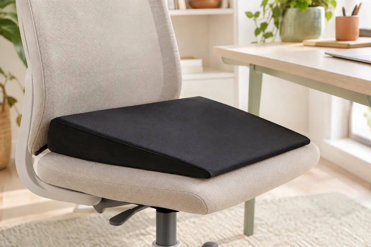 Coussin d’assise compensé noir en forme de coin sur une chaise de bureau claire, épais contre le dossier et en pente douce jusqu’à un bord avant fin.