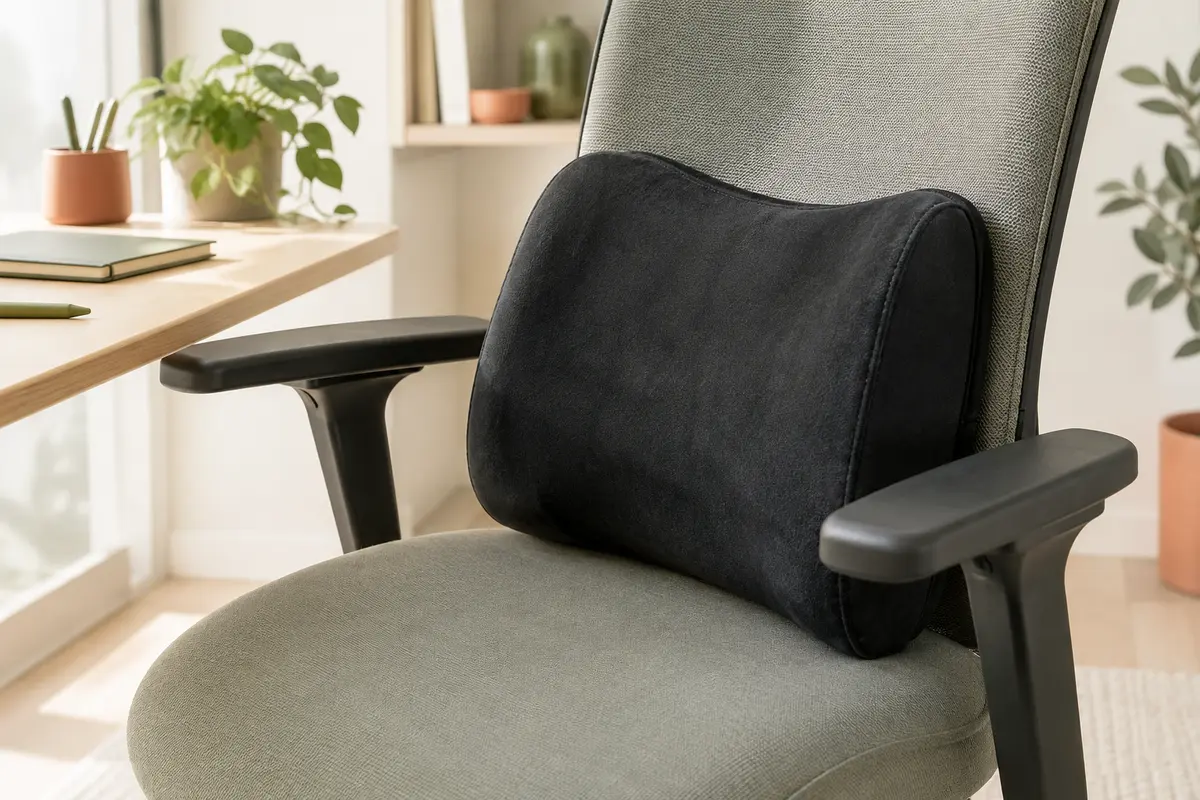 Coussin lombaire noir en suédine posé contre le dossier d’une chaise de bureau claire.