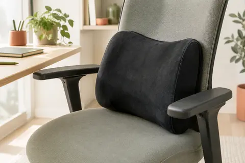 Coussin lombaire noir en suédine posé contre le dossier d’une chaise de bureau claire.