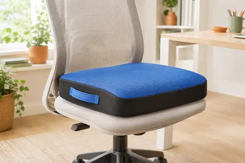 Coussin d’assise en mousse mémoire bleu et noir avec poignée de transport, posé seul sur une chaise de bureau sobre