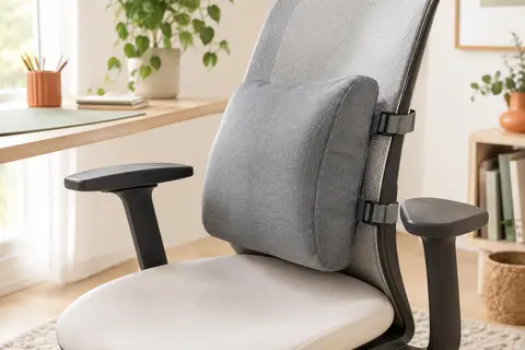Coussin lombaire gris à sangles réglables fixé au dossier d’une chaise de bureau lumineuse.
