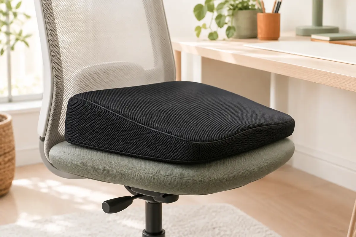 Coussin d’assise compensé noir en mousse à mémoire de forme posé sur une chaise de bureau