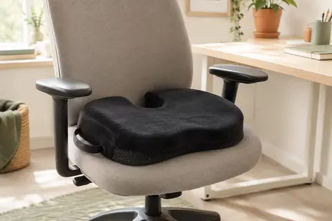 Coussin d’assise noir à découpe en U posé sur une chaise de bureau dans un espace lumineux