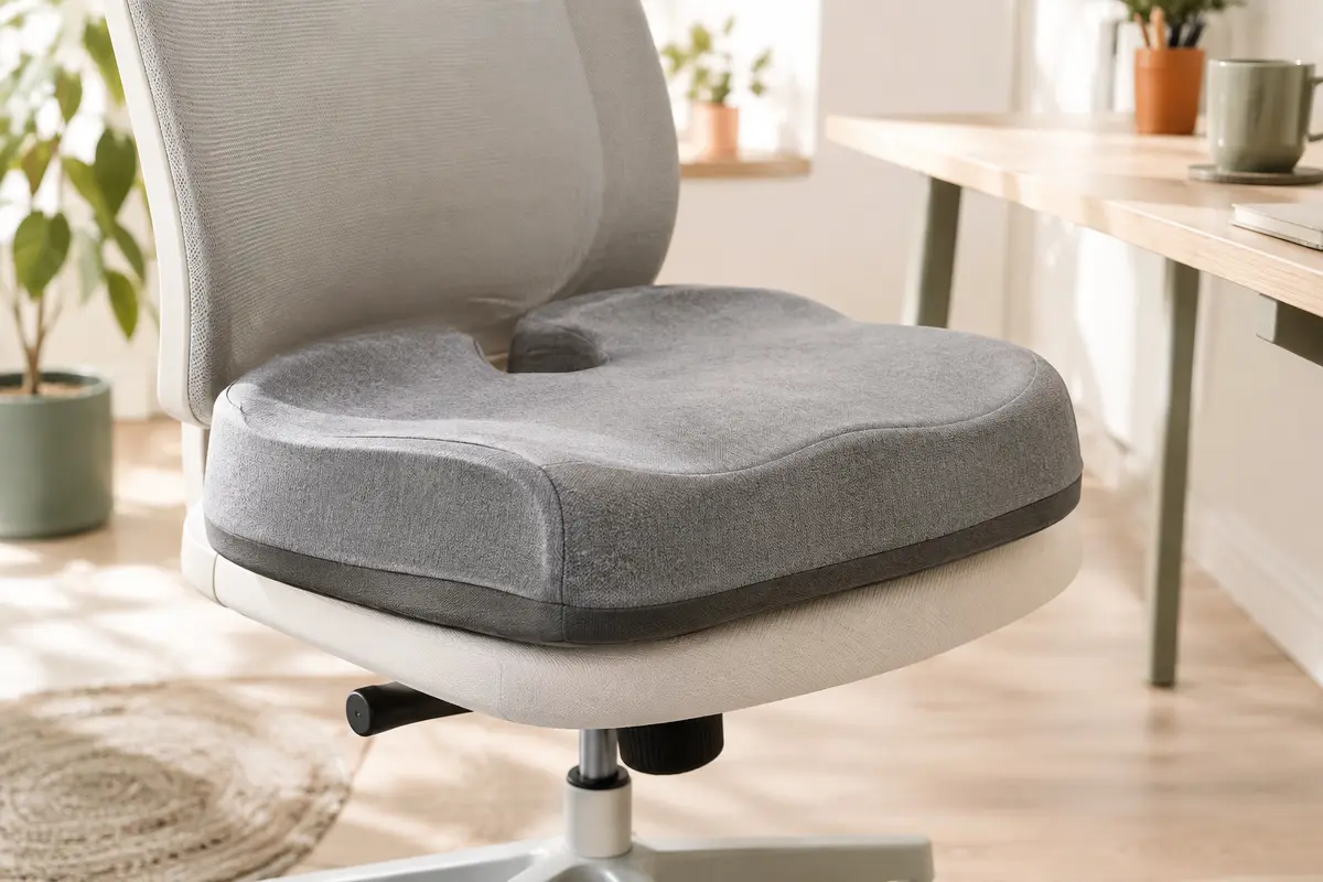 Coussin d’assise gris sculpté posé sur une chaise de bureau, avec sa housse textile et sa base antidérapante visibles.