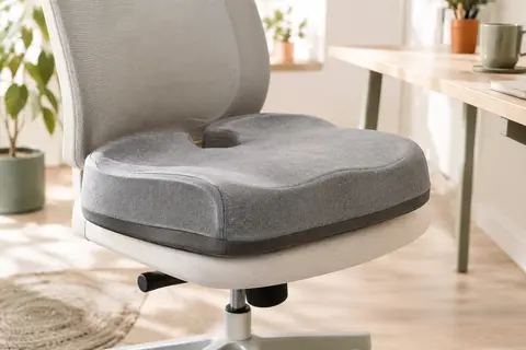 Coussin d’assise gris sculpté posé sur une chaise de bureau, avec sa housse textile et sa base antidérapante visibles.