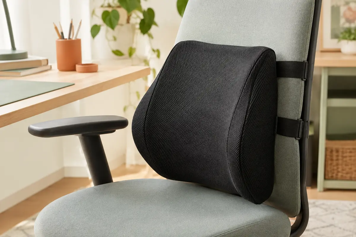 Coussin lombaire noir en mesh fixé au dossier d’une chaise de bureau par des sangles réglables