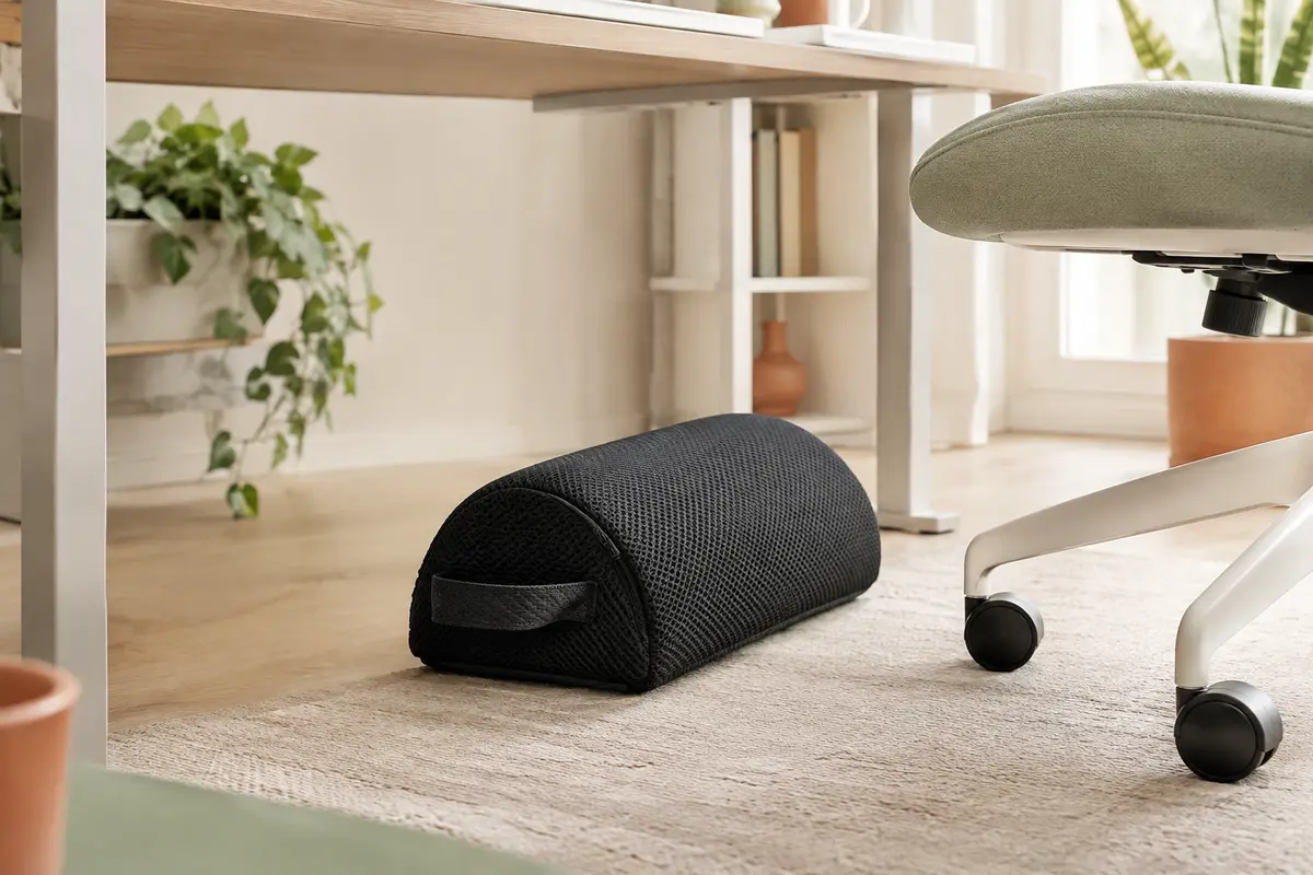 Repose-pieds Topmener noir en mousse semi-cylindrique placé sous un bureau clair