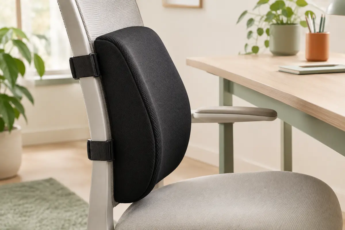 Coussin lombaire noir profilé à double sangle fixé au dossier d’une chaise de bureau sobre.