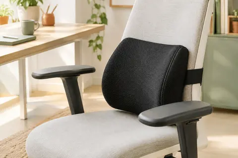 Coussin lombaire noir en maille 3D fixé au dossier d’une chaise de bureau par une sangle élastique.
