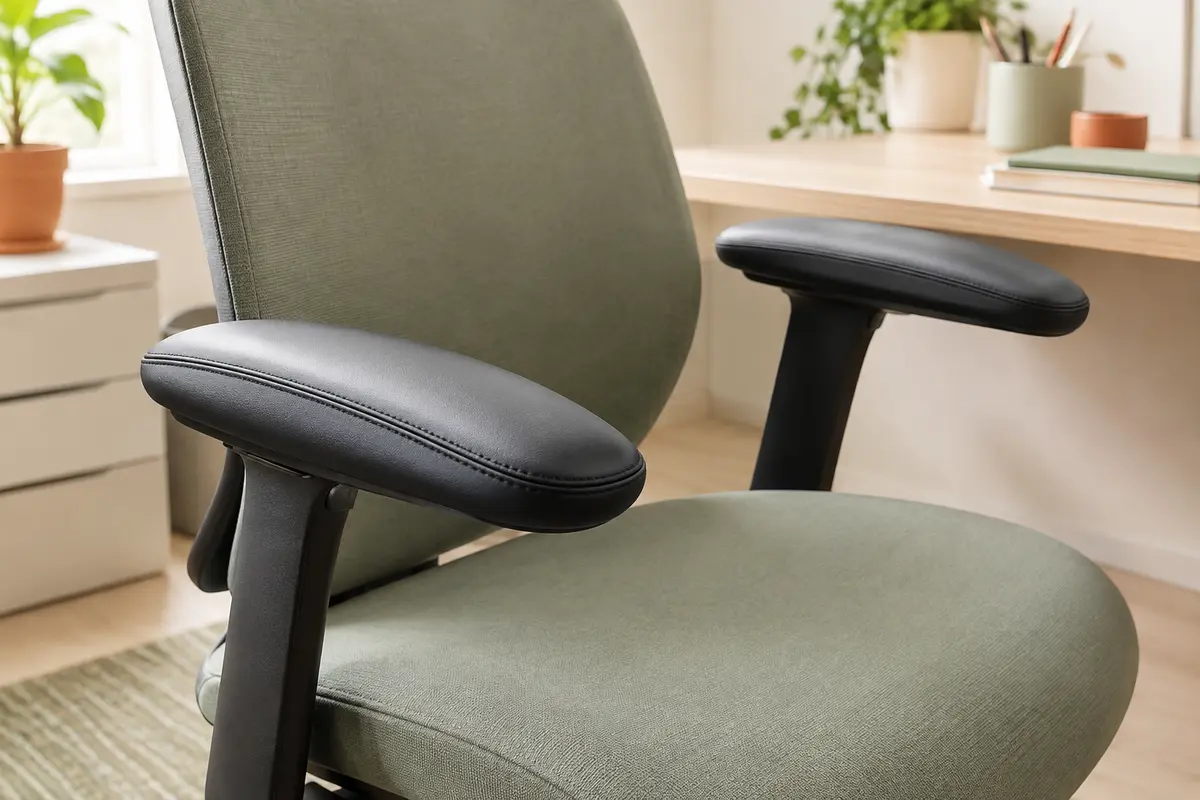 Paire de coussinets noirs en simili cuir fixés aux accoudoirs d’une chaise de bureau sur fond ivoire.