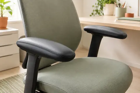 Paire de coussinets noirs en simili cuir fixés aux accoudoirs d’une chaise de bureau sur fond ivoire.