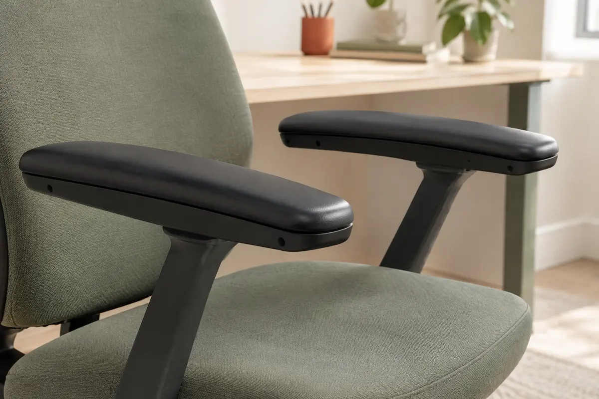 Deux coussinets d’accoudoirs noirs en polyuréthane installés sur une chaise de bureau sobre