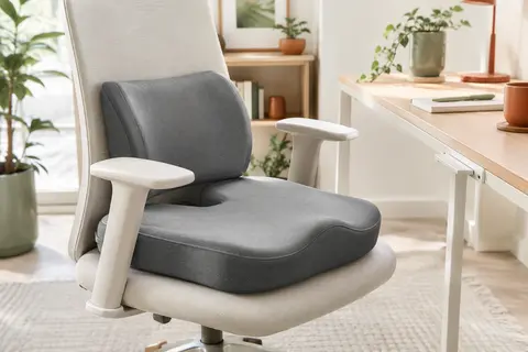 Coussin d’assise gris à mémoire de forme avec soutien lombaire posé sur une chaise de bureau