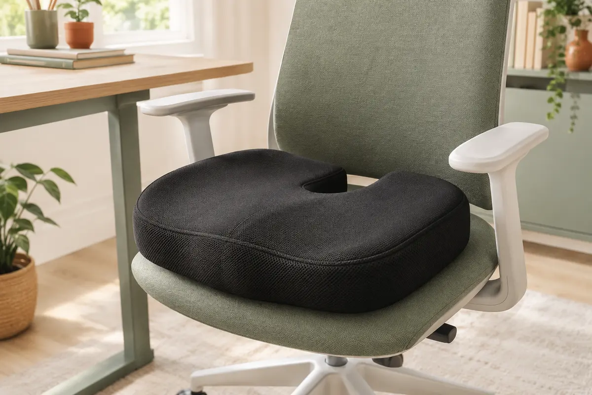 Coussin noir en forme de beignet avec découpe en U posé sur une chaise de bureau