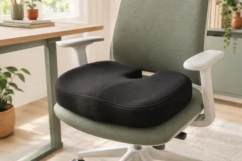 Coussin noir en forme de beignet avec découpe en U posé sur une chaise de bureau