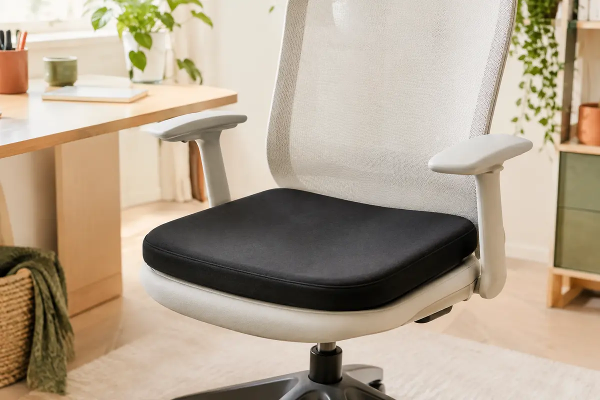 Coussin d’assise noir en mousse à mémoire posé sur une chaise de bureau claire.