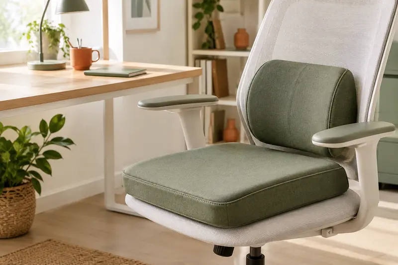 Coussin d’assise et soutien lombaire présentés près d’une chaise de bureau sobre