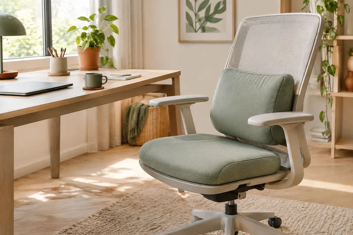 Coussin d’assise et soutien lombaire installés sur une chaise de bureau dans un espace épuré